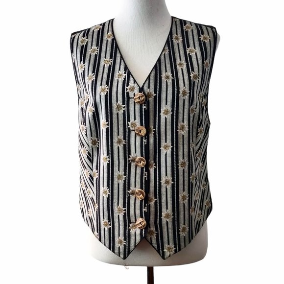 Alphorn Trachtenmode Womens 44 (L/XL) Gray Black Striped Floral 5 Button Vest - Picture 1 of 8